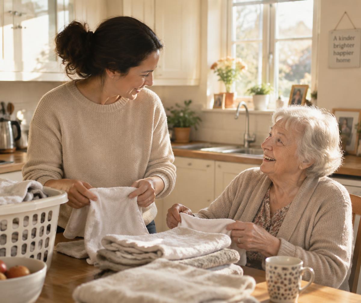 Caregiver helping a woman fold laundry in a sunny kitchen